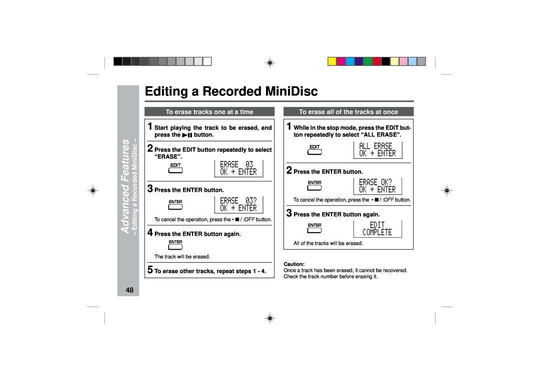 Sharp MD-MT877 Editing a Recorded MiniDisc, To erase tracks one at a time, EditingaRecordedMiniDisc, AdvancedFeatures 