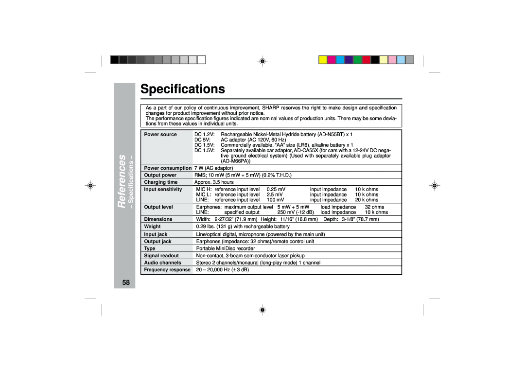 Sharp MD-MT877 operation manual Specifications, References 