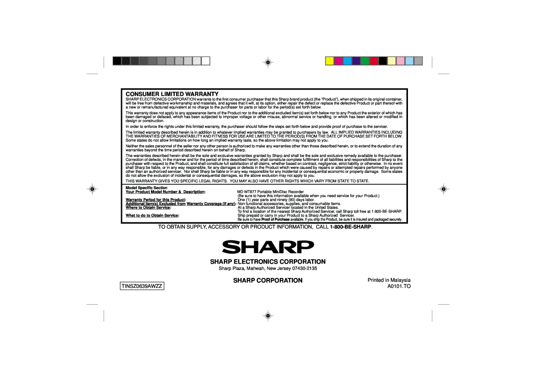 Sharp MD-MT877 Sharp Electronics Corporation, Sharp Corporation, Consumer Limited Warranty, Model Specific Section 