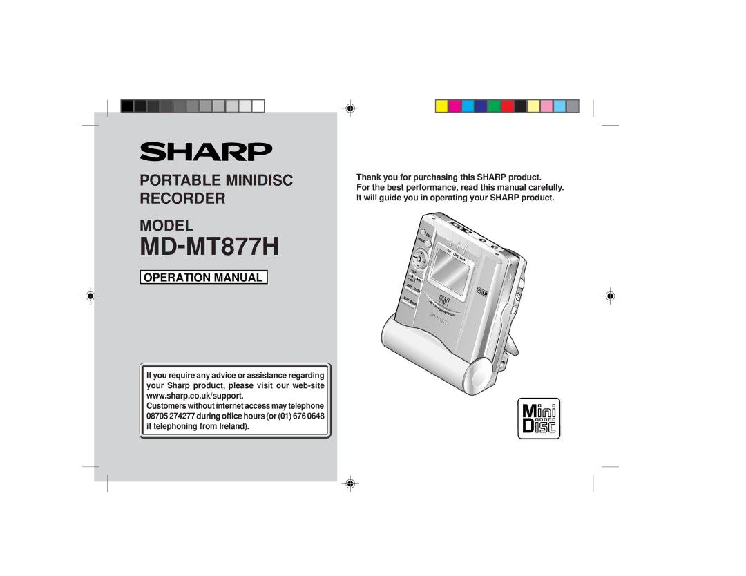 Sharp MD-MT877H operation manual Portable Minidisc Recorder Model, Thank you for purchasing this Sharp product 