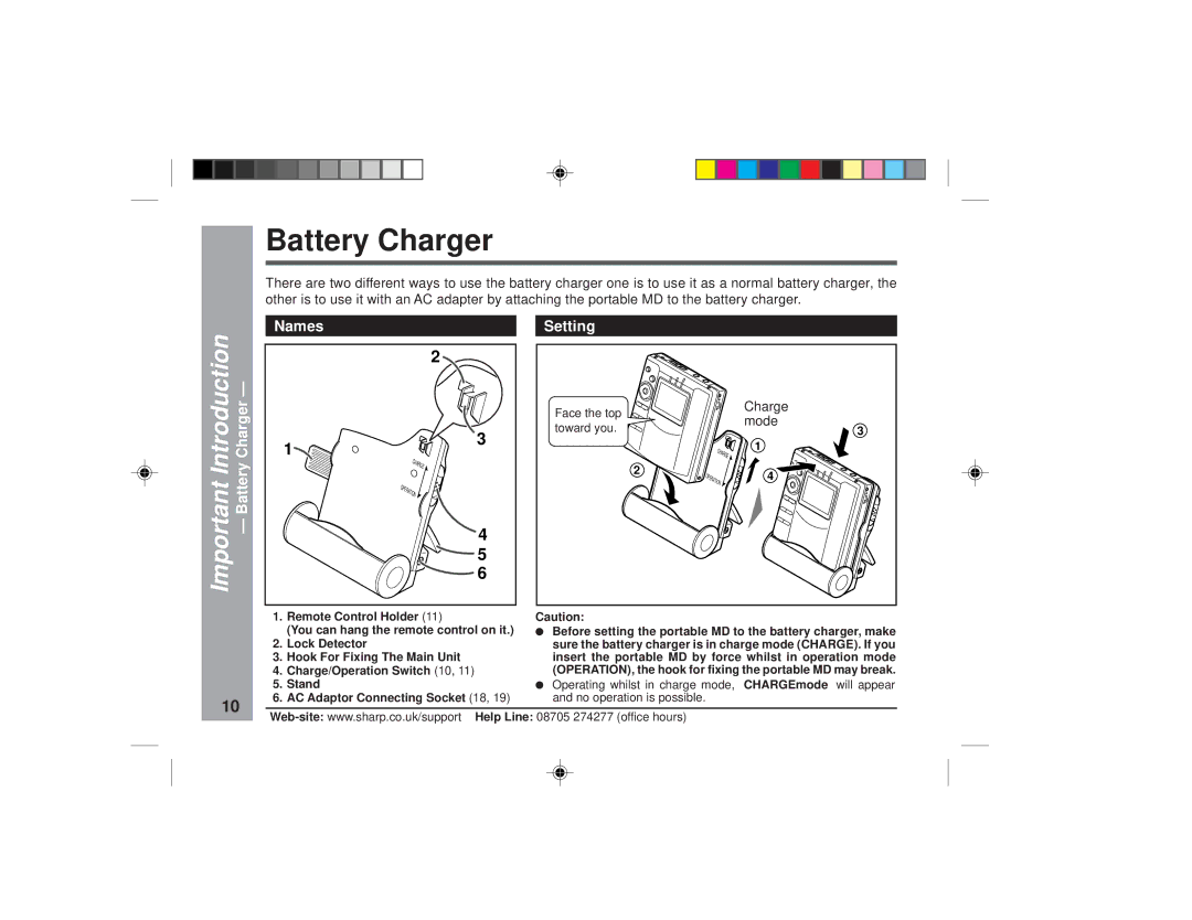 Sharp MD-MT877H operation manual Battery Charger, Names Setting, Mode 