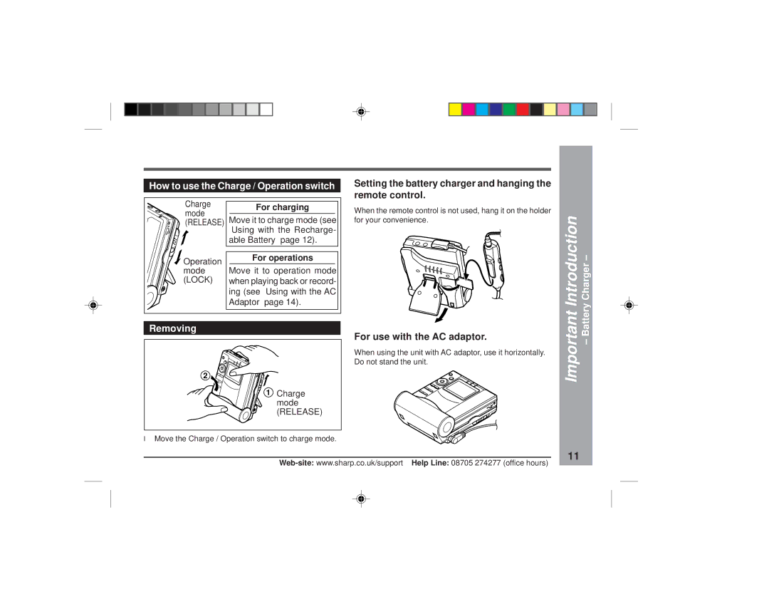 Sharp MD-MT877H operation manual How to use the Charge / Operation switch, Battery, Removing, For charging, For operations 