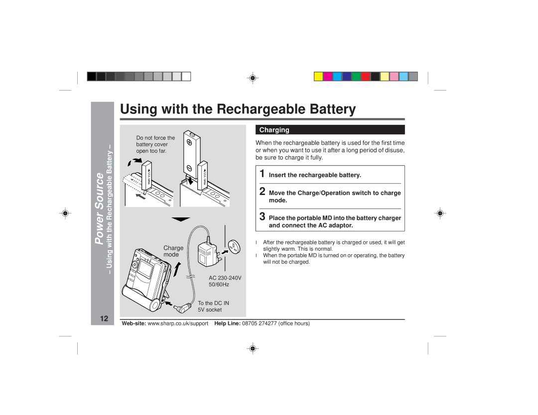 Sharp MD-MT877H operation manual Power Source Using with the Rechargeable Battery, Charging, Charge mode 