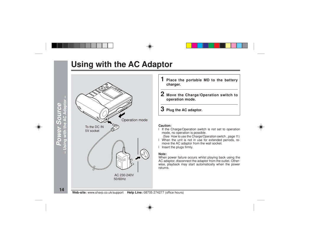 Sharp MD-MT877H operation manual Using with the AC Adaptor, Source, Power 