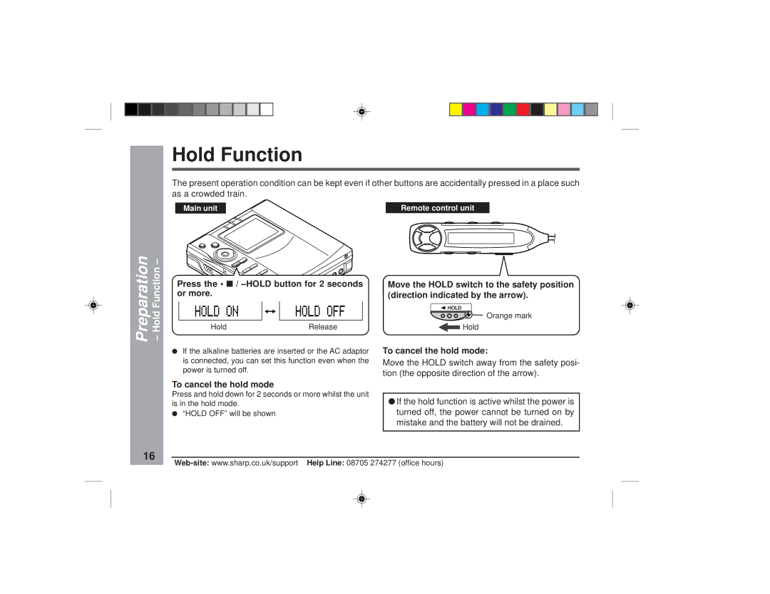 Sharp MD-MT877H Hold Function, Preparation, Press the / -HOLD button for 2 seconds or more, To cancel the hold mode 