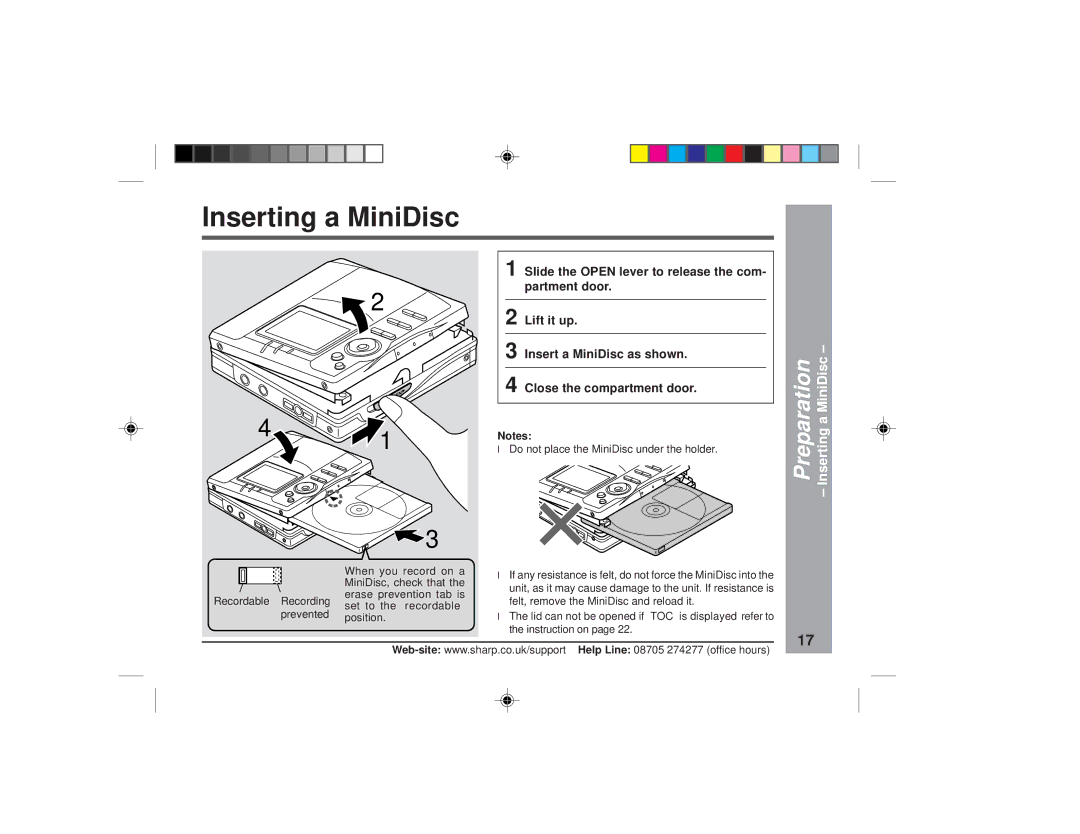 Sharp MD-MT877H operation manual Inserting a MiniDisc 