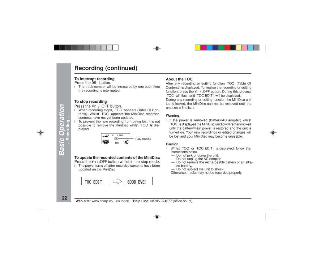 Sharp MD-MT877H Recording, To interrupt recording, To stop recording, To update the recorded contents of the MiniDisc 