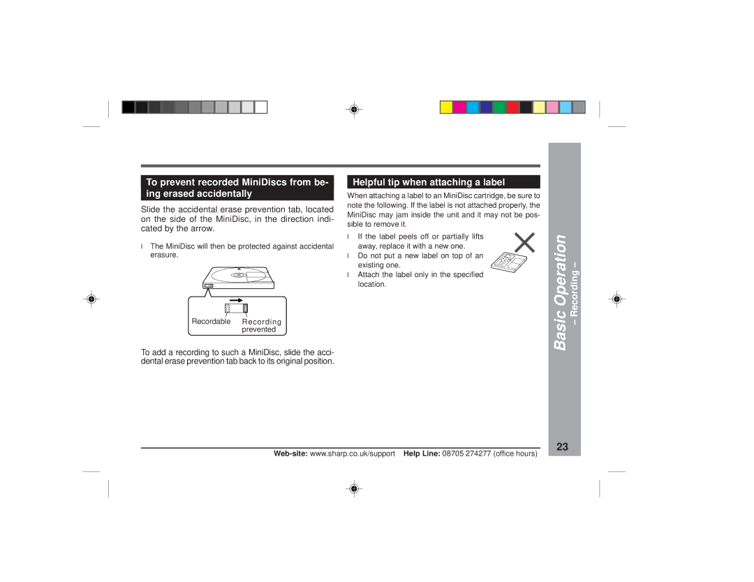 Sharp MD-MT877H operation manual Operation, Helpful tip when attaching a label, Recording, Basic 