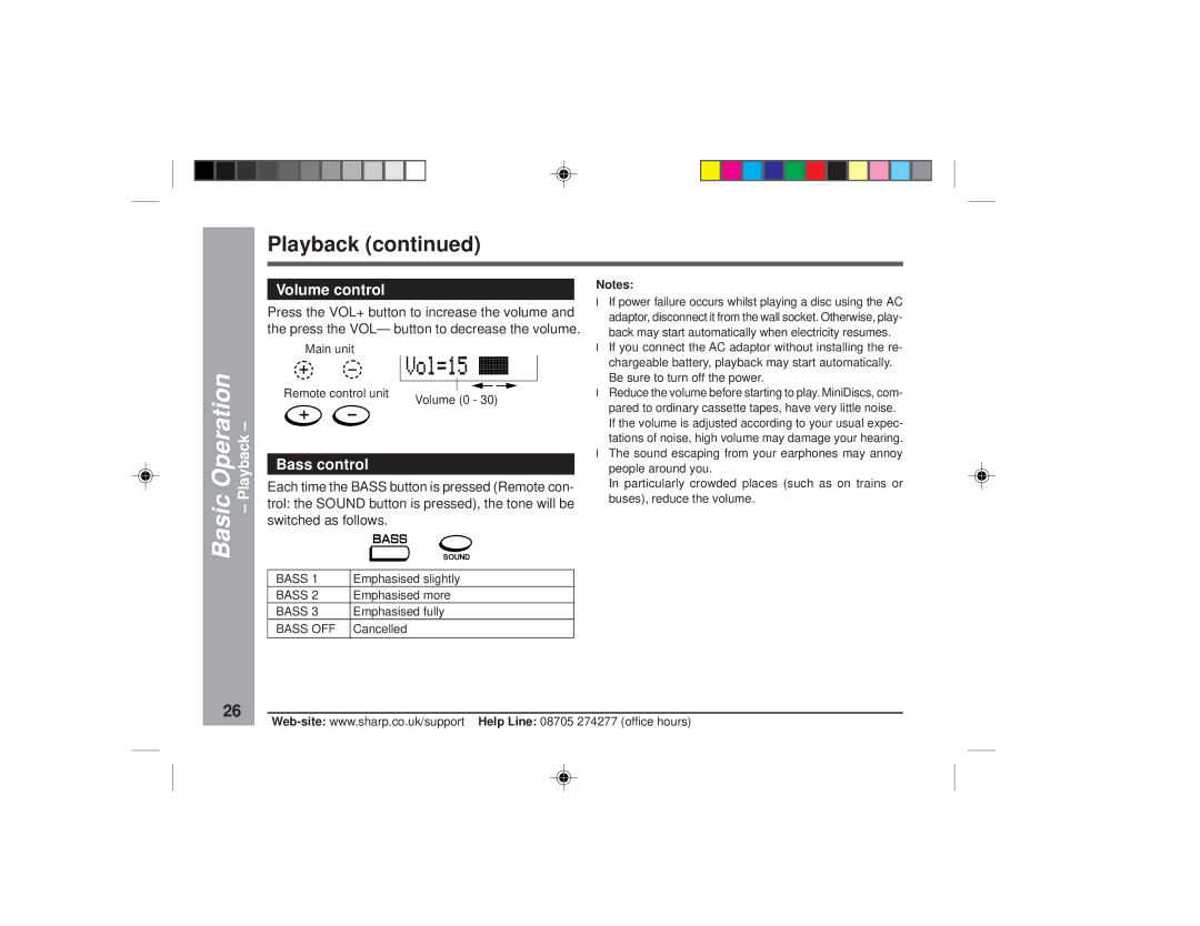 Sharp MD-MT877H operation manual Playback, Volume control, Bass control 