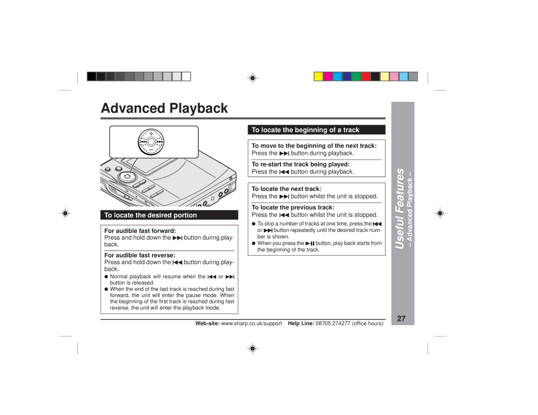 Sharp MD-MT877H operation manual Advanced Playback, To locate the desired portion, To locate the beginning of a track 