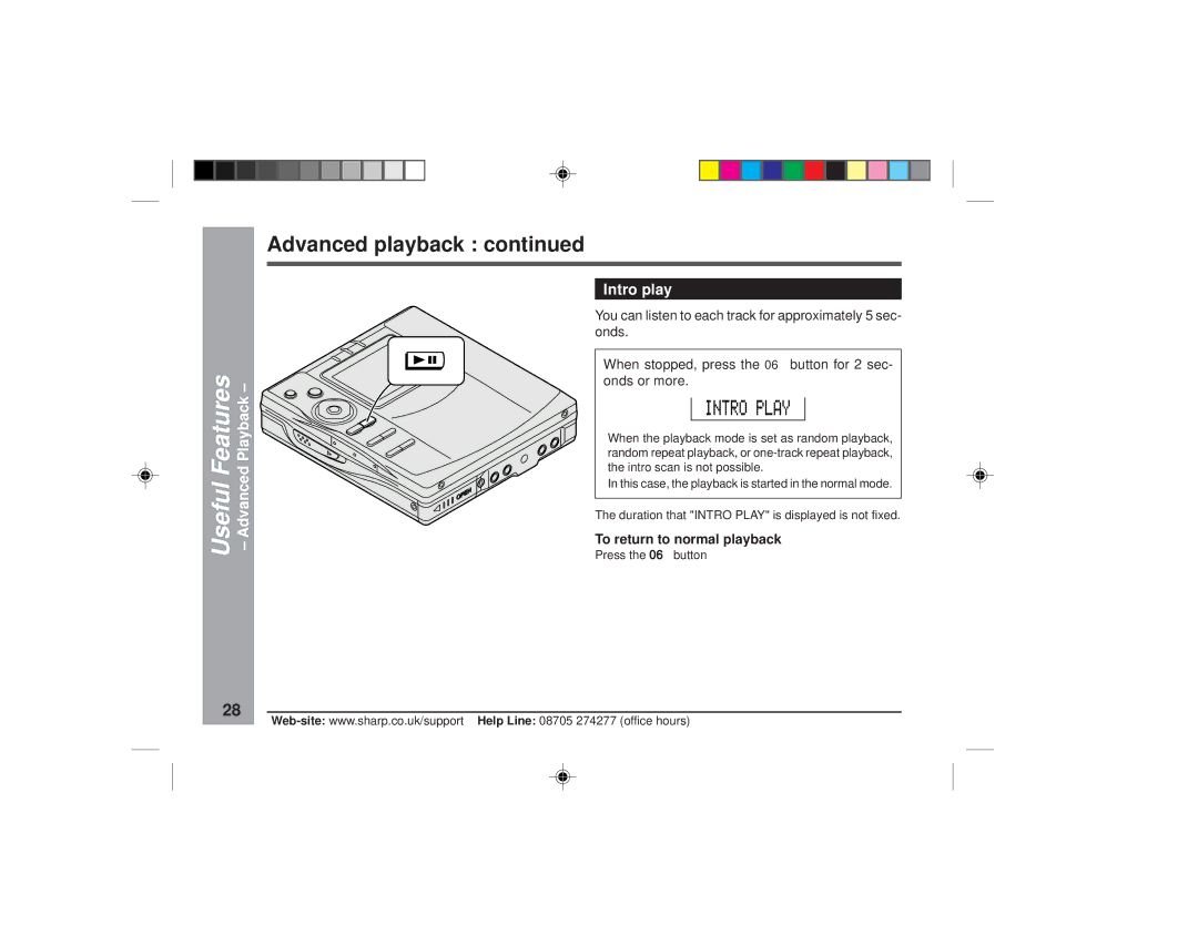 Sharp MD-MT877H operation manual Advanced playback, Intro play, To return to normal playback 