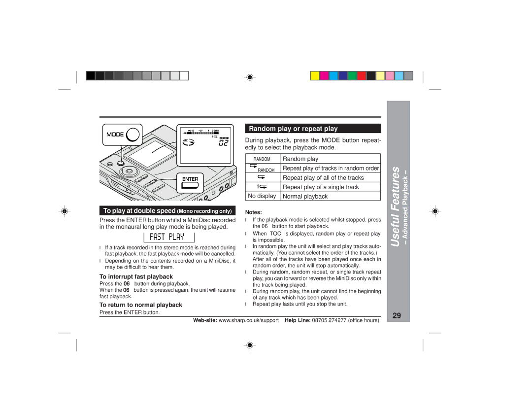 Sharp MD-MT877H Random play or repeat play, To play at double speed Mono recording only, To interrupt fast playback 