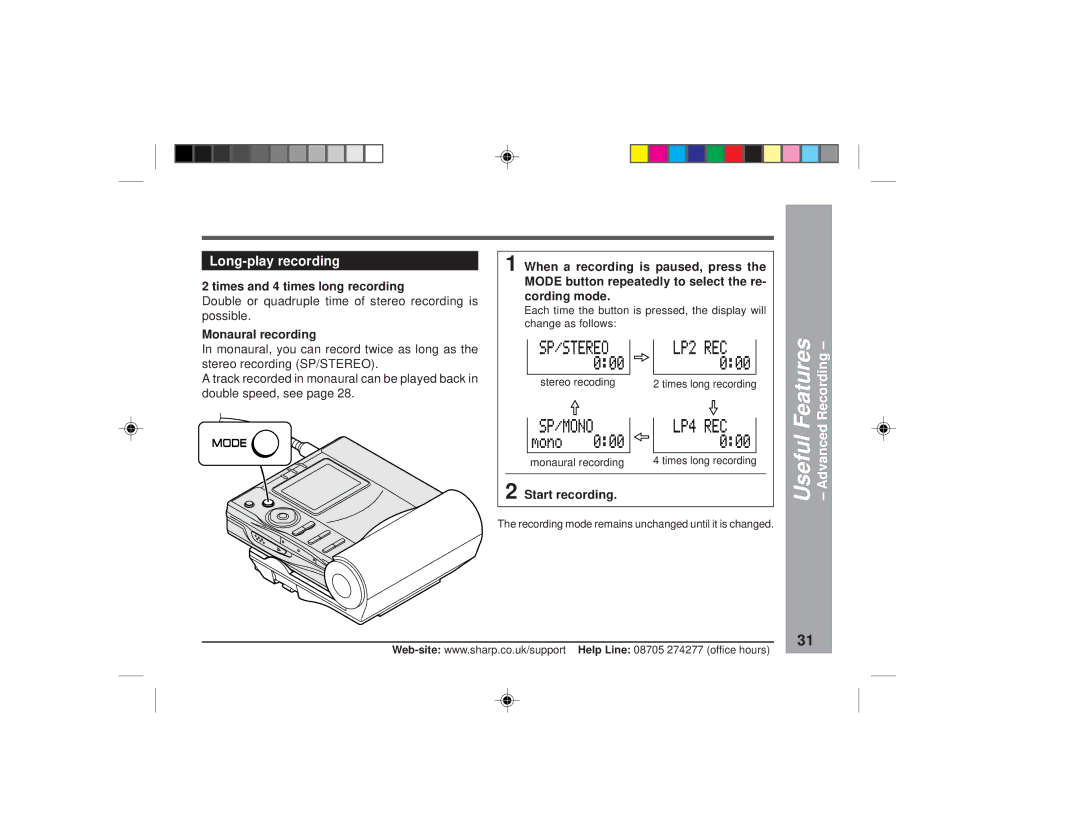 Sharp MD-MT877H Long-play recording, Useful Features Advanced Recording, Times and 4 times long recording, Start recording 