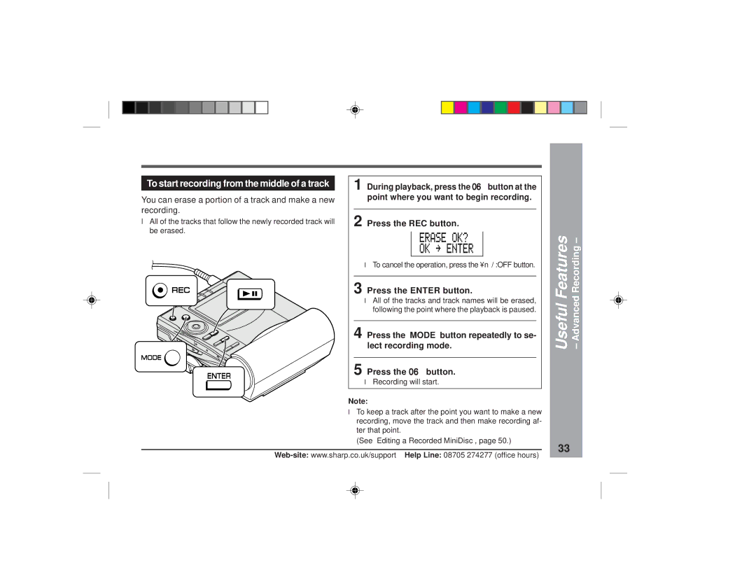 Sharp MD-MT877H To start recording from the middle of a track, You can erase a portion of a track and make a new recording 