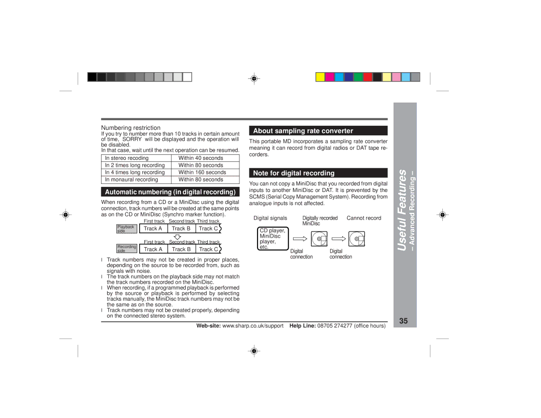 Sharp MD-MT877H Automatic numbering in digital recording, About sampling rate converter, Numbering restriction 