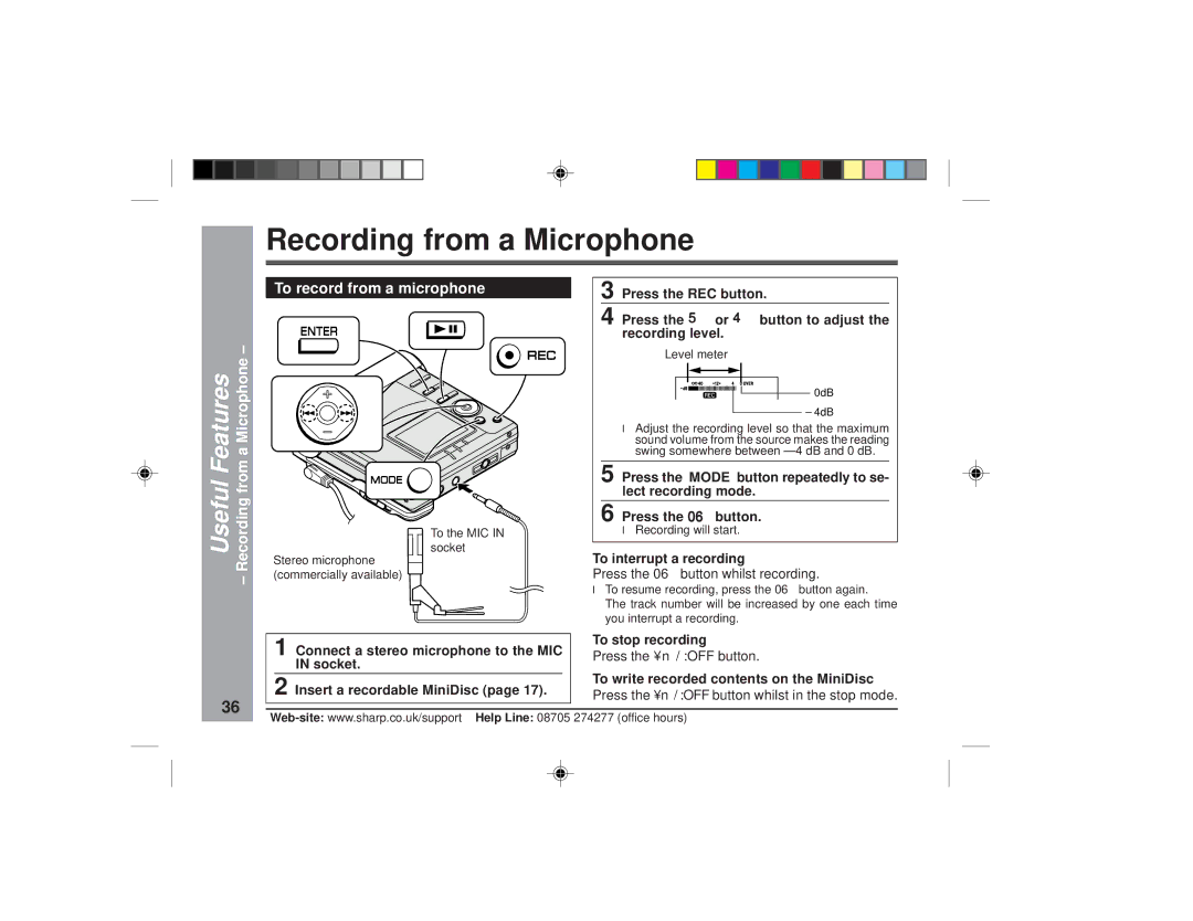 Sharp MD-MT877H Recording from a Microphone, To interrupt a recording, Press the 06 button whilst recording 