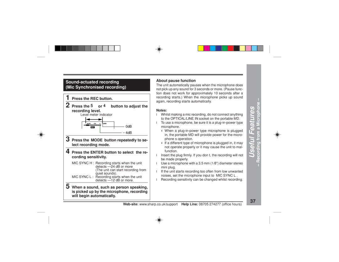 Sharp MD-MT877H Sound-actuated recording Mic Synchronised recording, Useful Features Recording from a Microphone, 0dB 4dB 