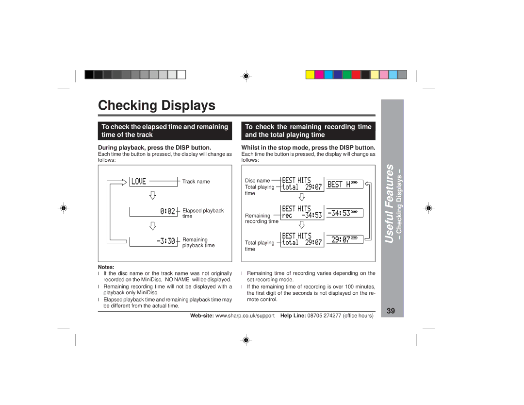 Sharp MD-MT877H operation manual Checking Displays, To check the elapsed time and remaining time of the track 