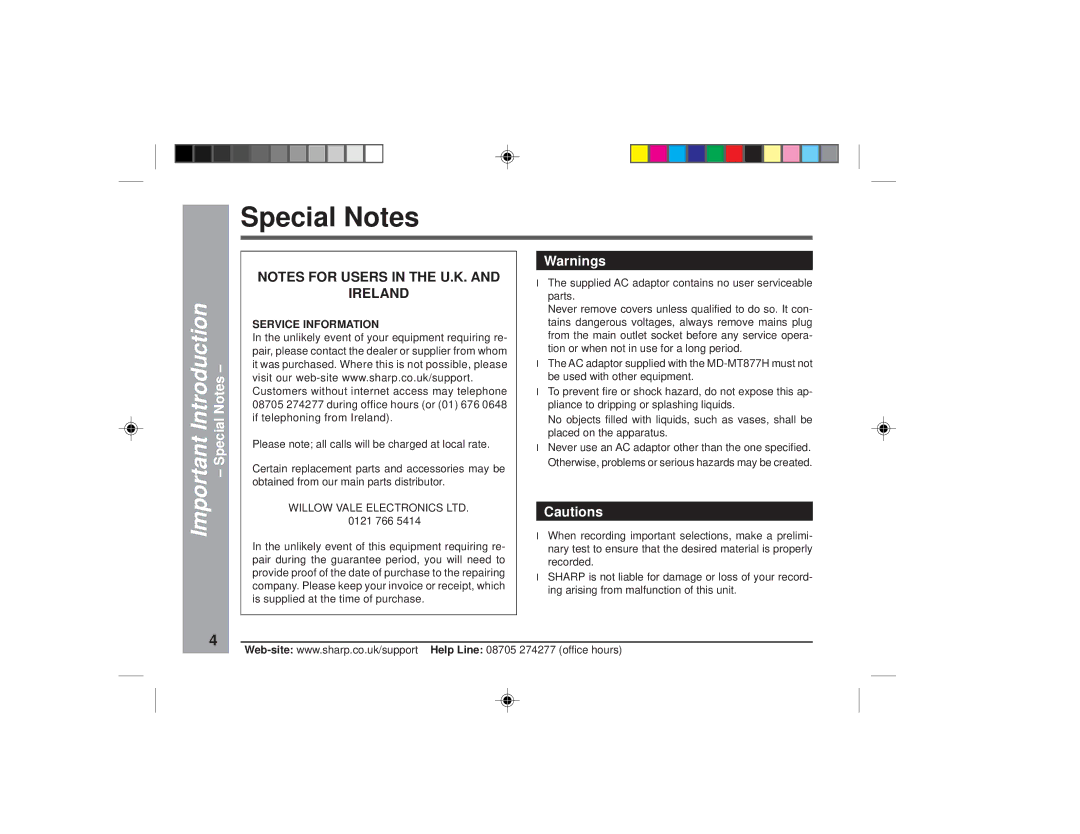 Sharp MD-MT877H operation manual Special Notes, Important Introduction 