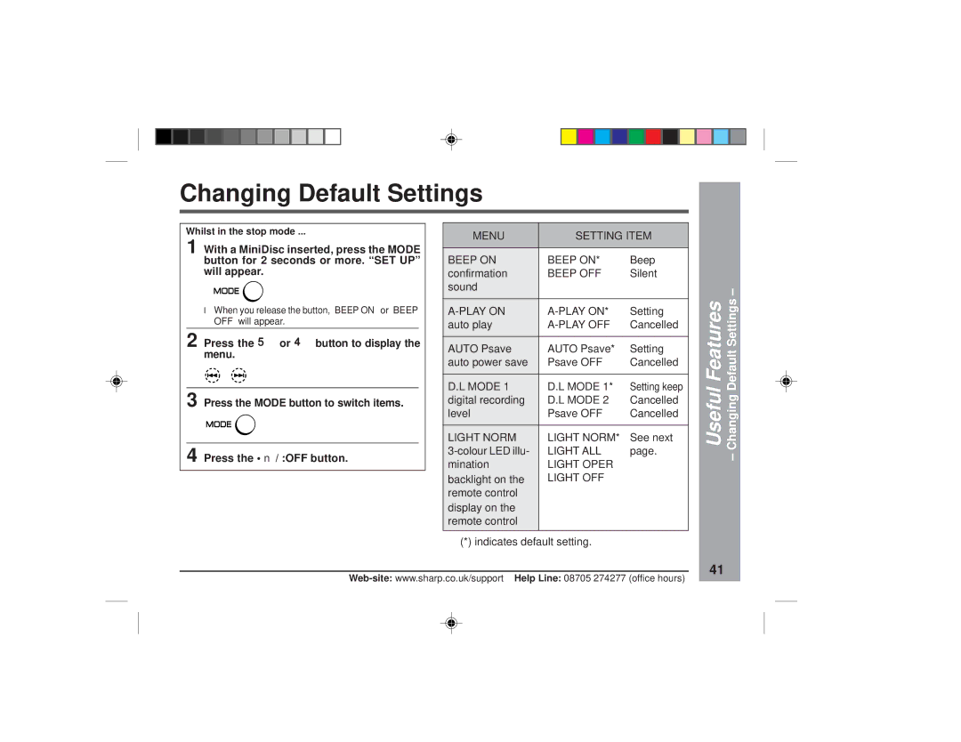 Sharp MD-MT877H operation manual Changing Default Settings, Features 