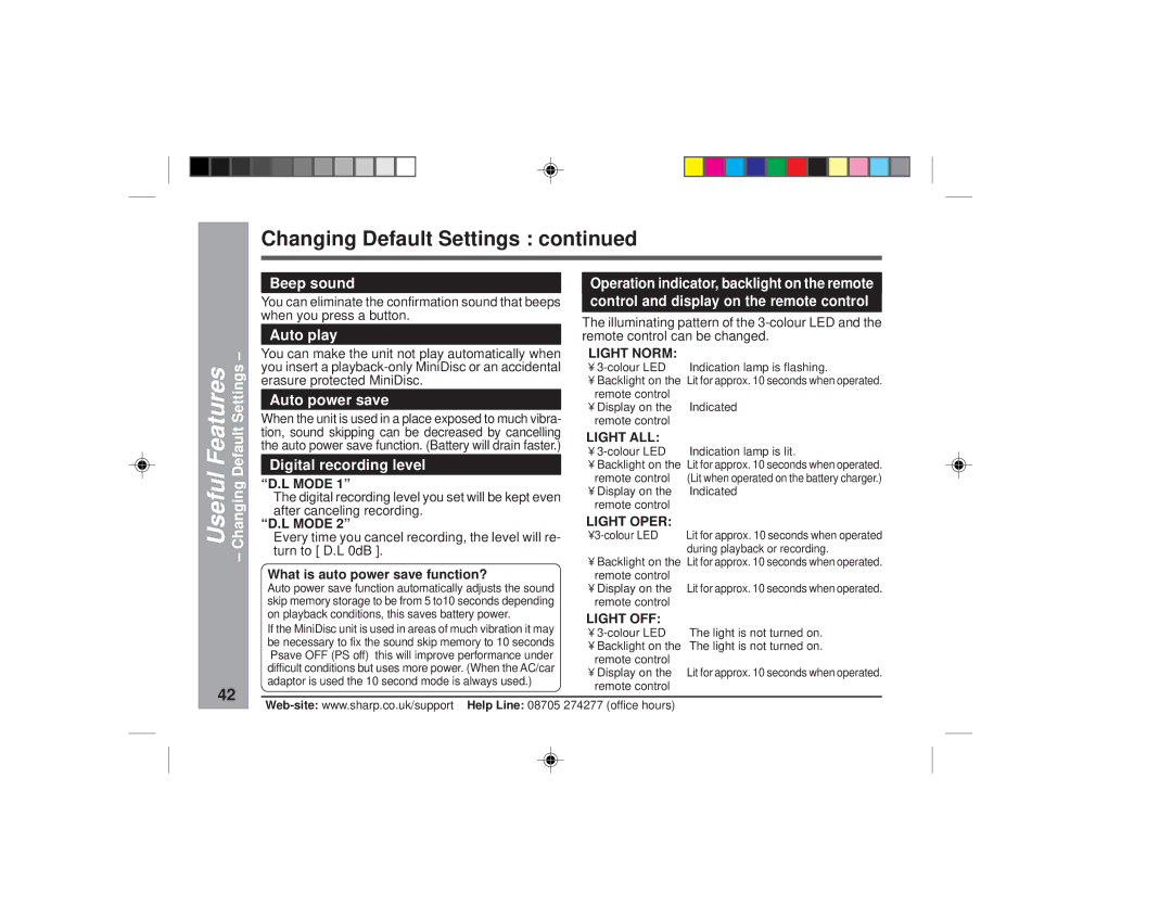 Sharp MD-MT877H operation manual Changing Default Settings, Beep sound, Auto play, Auto power save, Digital recording level 