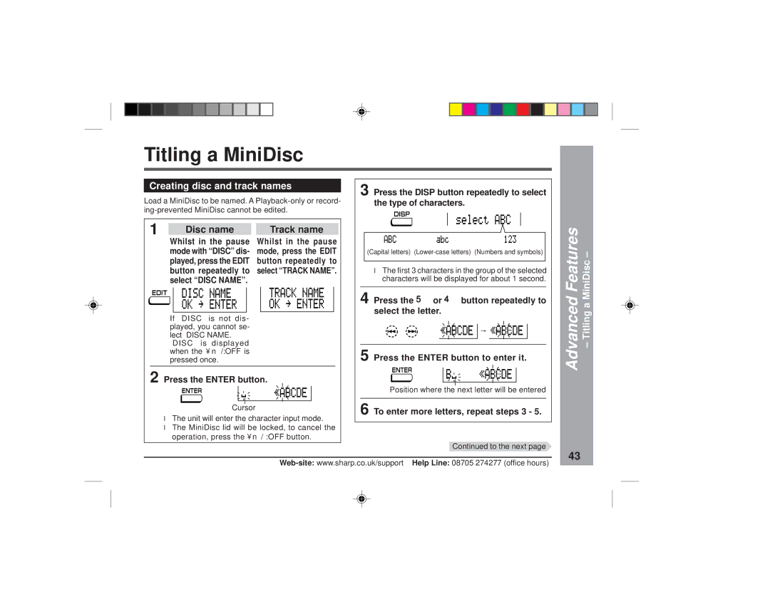 Sharp MD-MT877H operation manual Titling a MiniDisc, Advanced, Creating disc and track names 