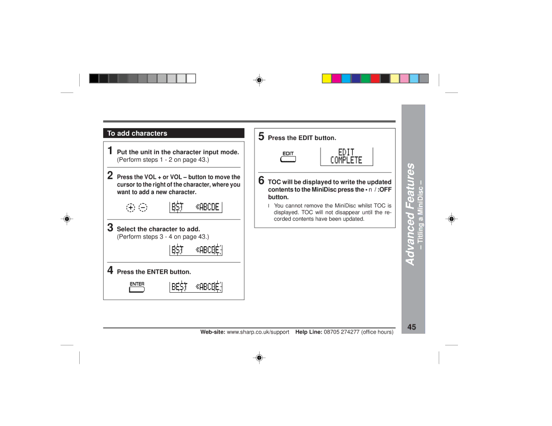 Sharp MD-MT877H To add characters, Put the unit in the character input mode, Perform steps 1 2 on, Perform steps 3 4 on 