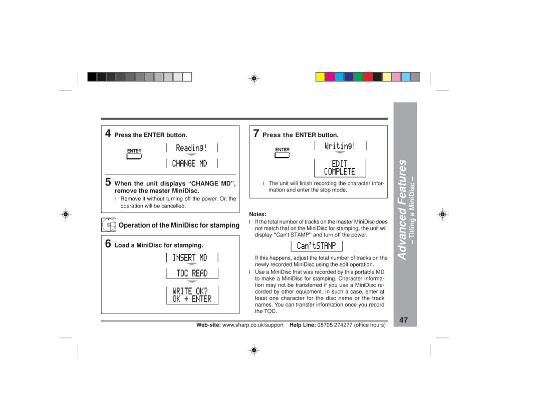 Sharp MD-MT877H Operation of the MiniDisc for stamping, Load a MiniDisc for stamping Press the Enter button 