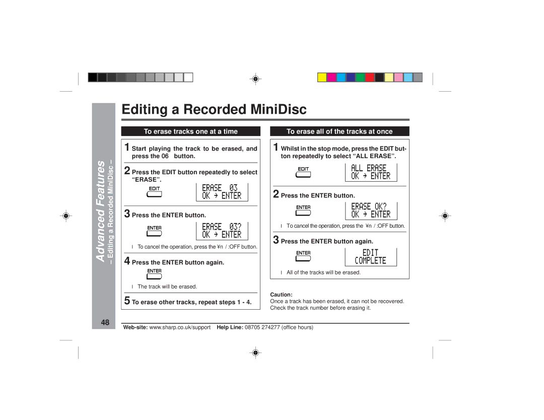 Sharp MD-MT877H operation manual Editing a Recorded MiniDisc, Advanced Features, To erase tracks one at a time 