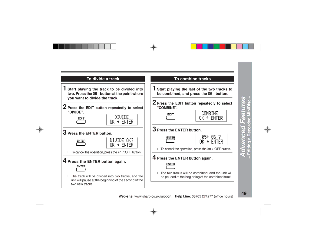 Sharp MD-MT877H operation manual To divide a track, To combine tracks, Press the Edit button repeatedly to select Divide 