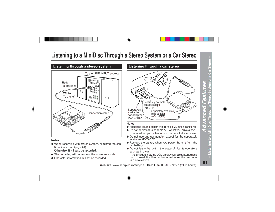 Sharp MD-MT877H Listening through a stereo system, Listening through a car stereo, Stereo System or a Car 