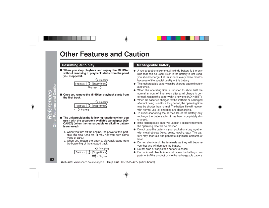 Sharp MD-MT877H operation manual References Other Features and Caution Resuming auto play, Rechargeable battery 