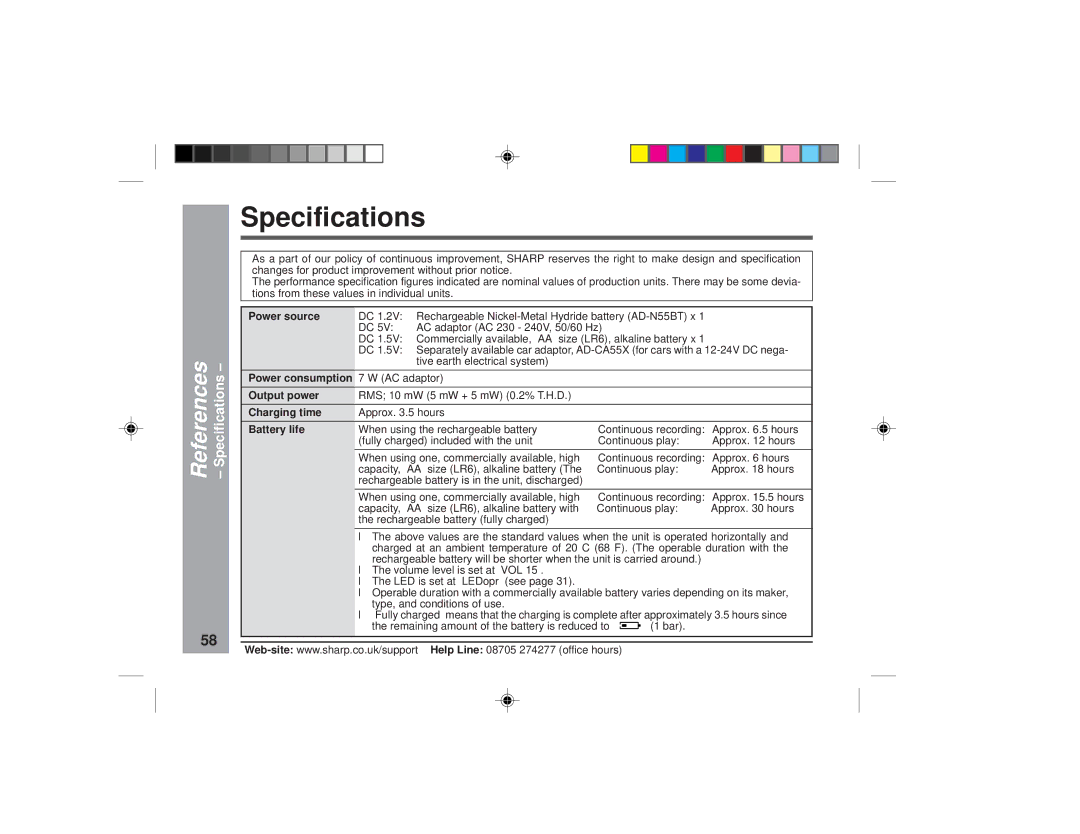 Sharp MD-MT877H operation manual Specifications 