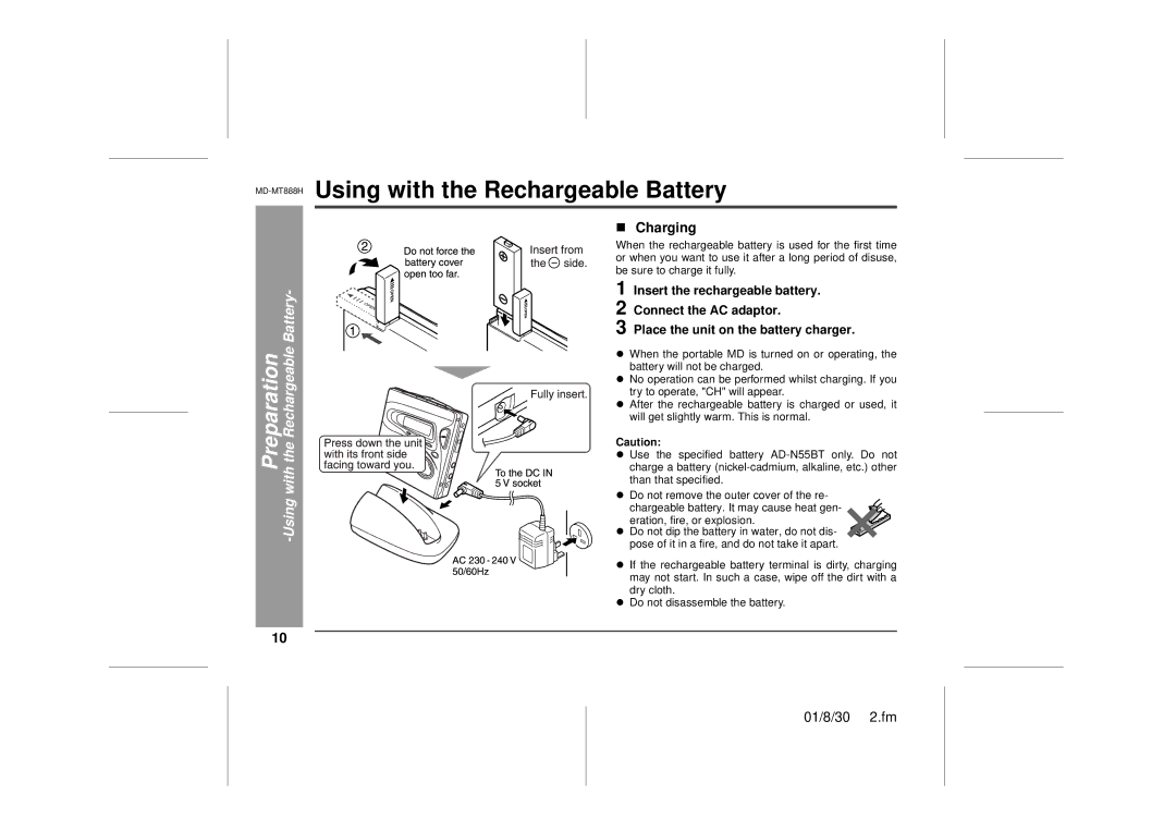 Sharp MD-MT888H operation manual Preparation -Using with the Rechargeable Battery, „ Charging 