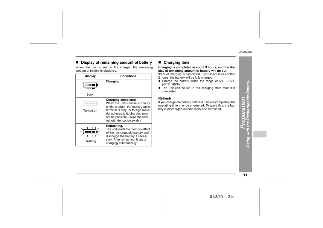 Sharp MD-MT888H operation manual „ Display of remaining amount of battery, „ Charging time, Refresh 