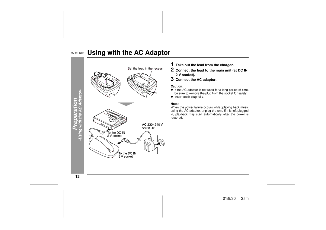 Sharp MD-MT888H operation manual Preparation -Using with the AC Adaptor 