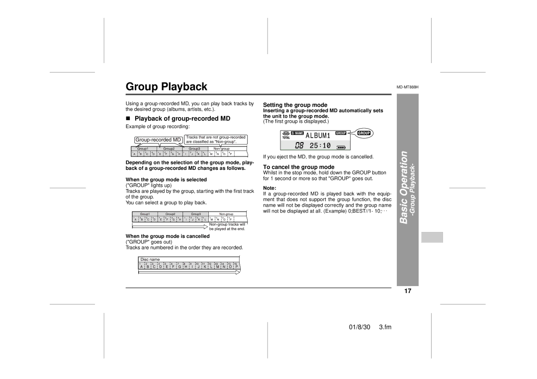 Sharp MD-MT888H operation manual „ Playback of group-recorded MD, Basic Operation -Group Playback 