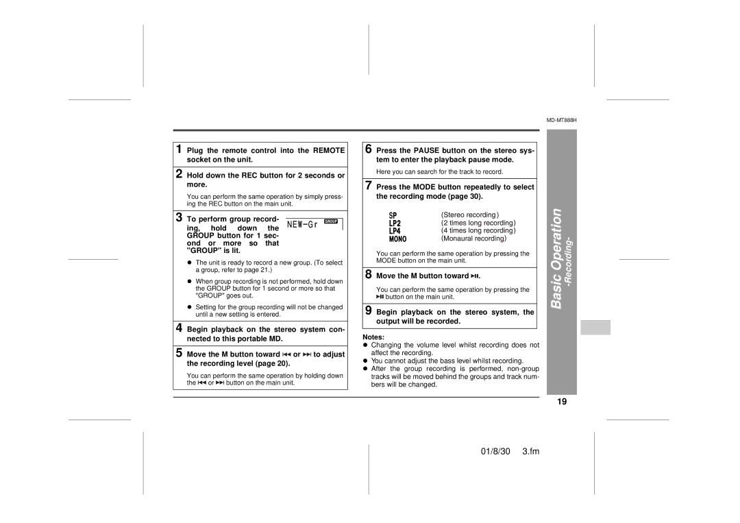 Sharp MD-MT888H operation manual Recording, Move the M button toward 