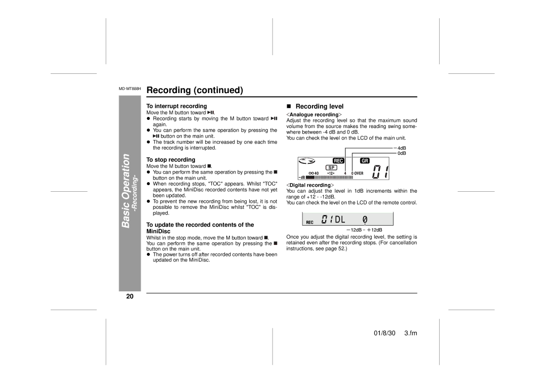 Sharp MD-MT888H operation manual „ Recording level, To interrupt recording, To stop recording 