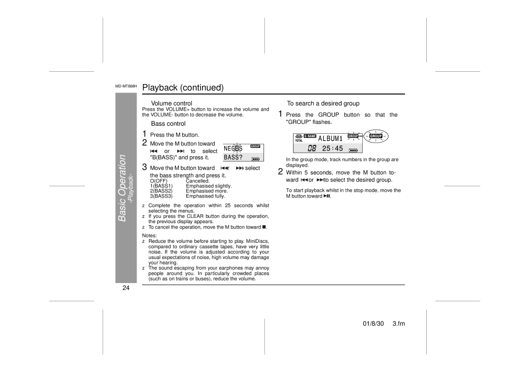 Sharp MD-MT888H operation manual „ Volume control, „ Bass control, „ To search a desired group 