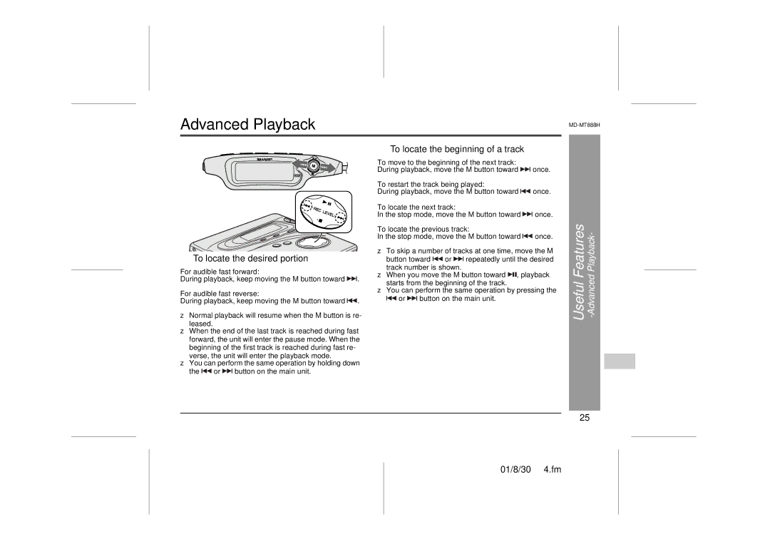 Sharp MD-MT888H operation manual Advanced Playback, „ To locate the desired portion, „ To locate the beginning of a track 