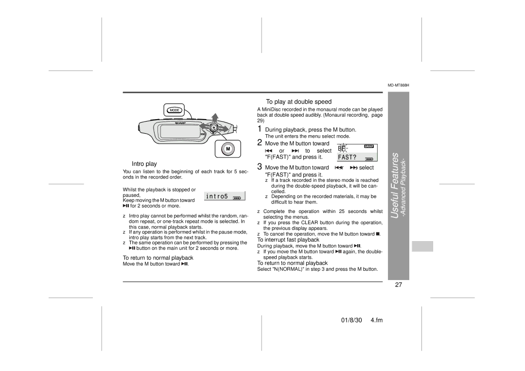 Sharp MD-MT888H operation manual „ Intro play, „ To play at double speed 