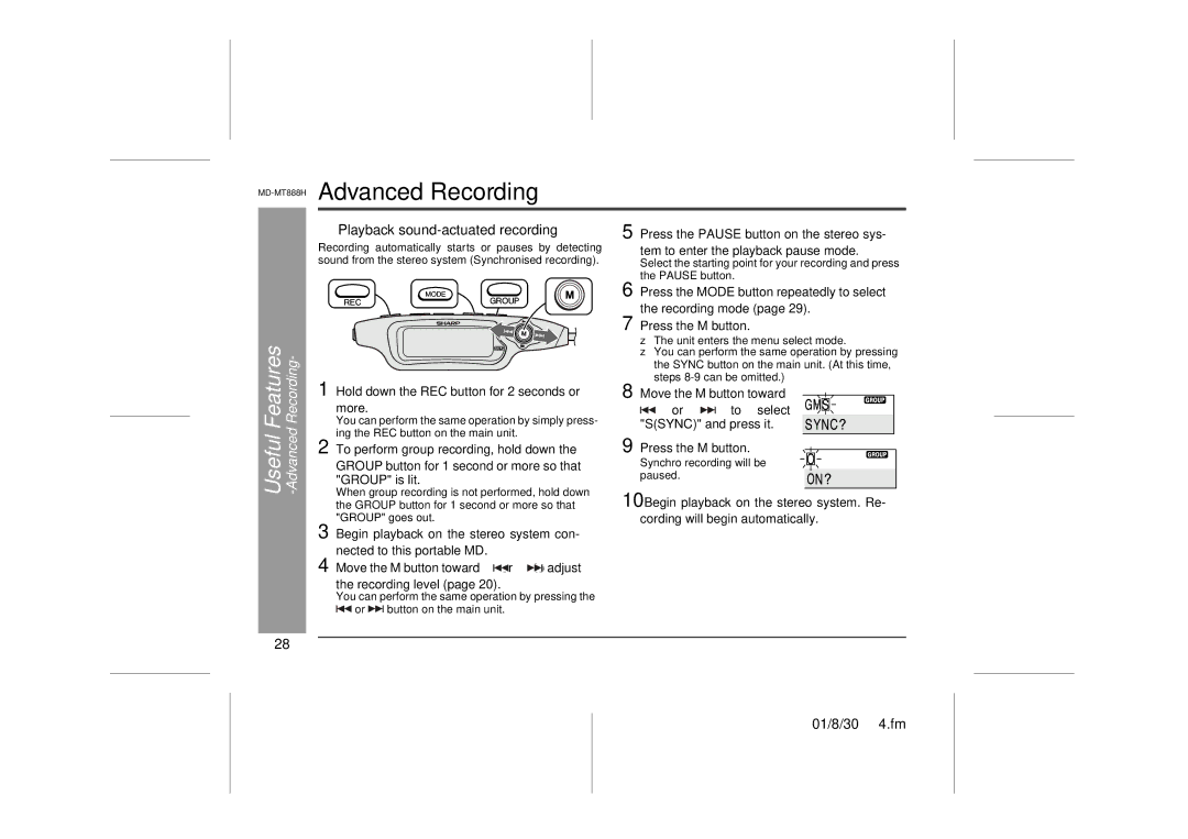 Sharp MD-MT888H operation manual Useful Features -Advanced Recording, „ Playback sound-actuated recording 