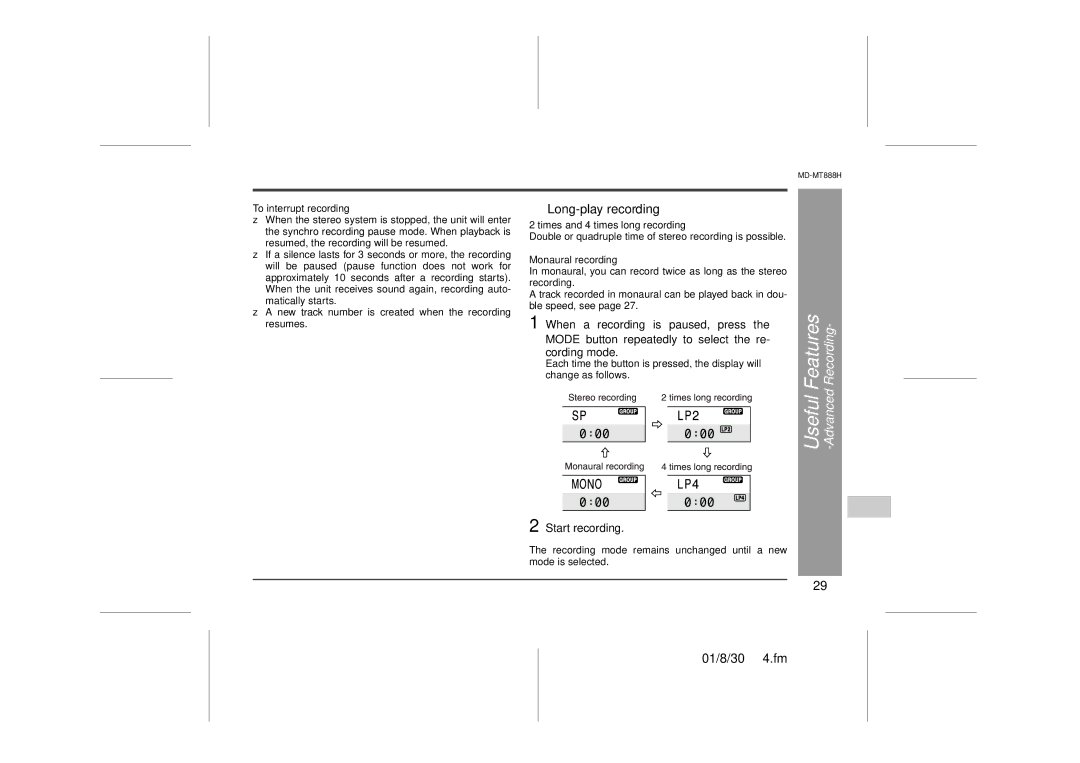 Sharp MD-MT888H „ Long-play recording, Start recording, To interrupt recording, Times and 4 times long recording 