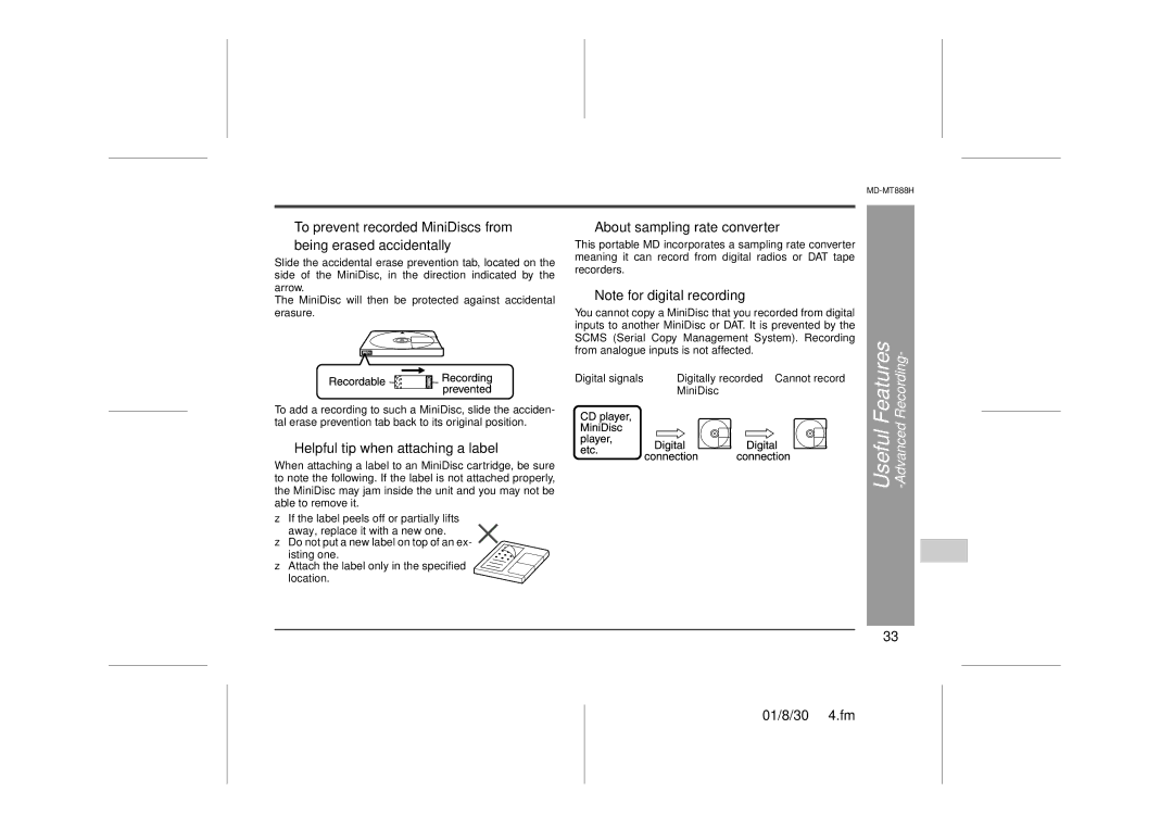 Sharp MD-MT888H „ Helpful tip when attaching a label, „ About sampling rate converter, „ Note for digital recording 