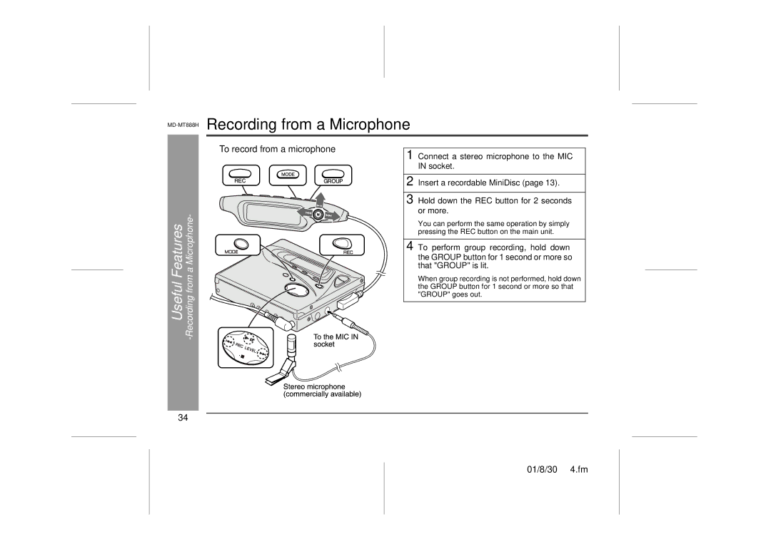 Sharp MD-MT888HRecording from a Microphone, „ To record from a microphone, Useful Features -Recording from a Microphone 