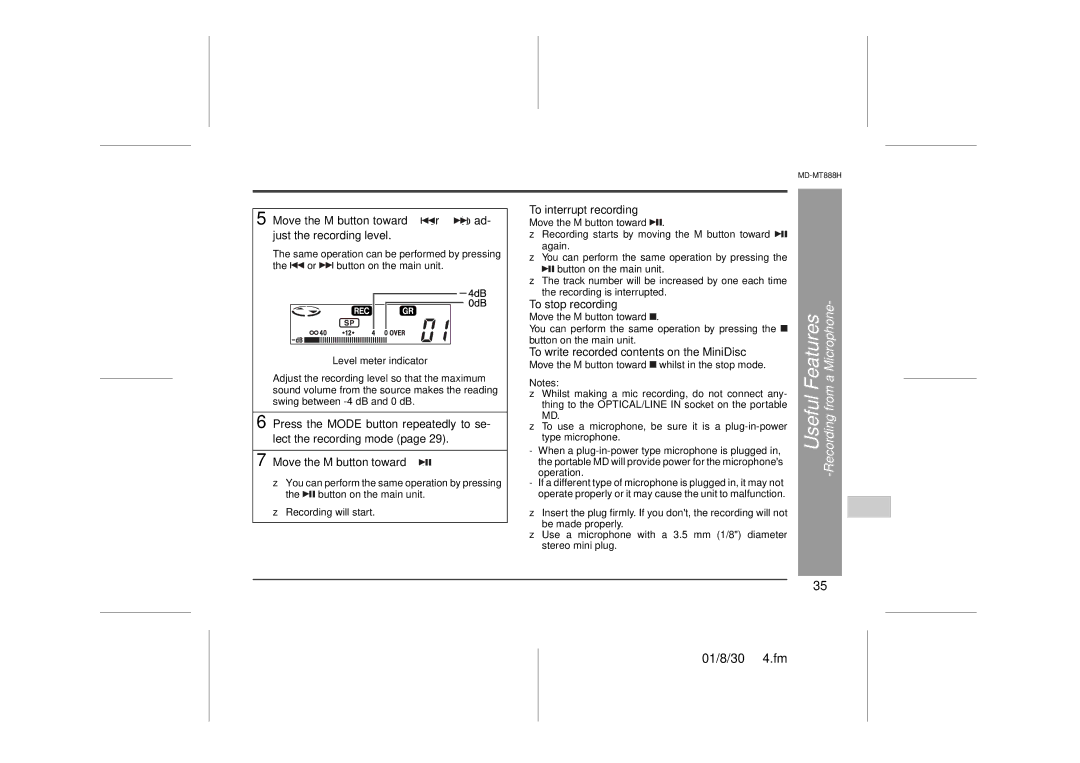 Sharp MD-MT888H Move the M button toward or to ad- just the recording level, To write recorded contents on the MiniDisc 