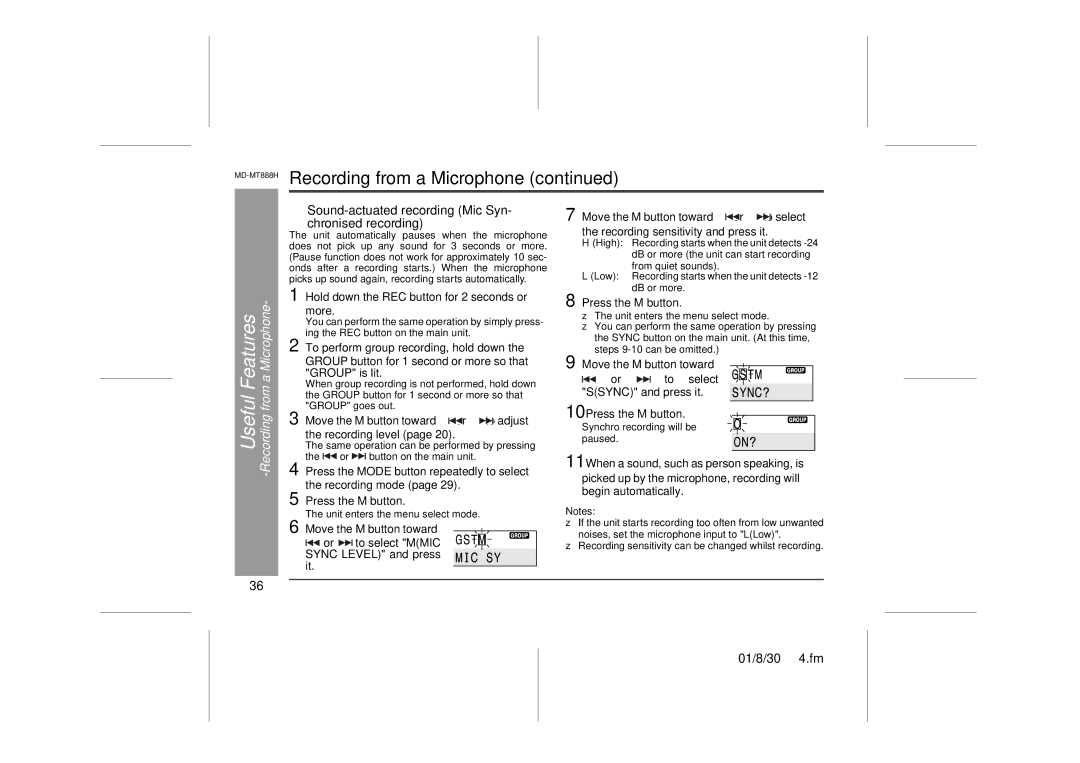 Sharp operation manual MD-MT888HRecording from a Microphone, „ Sound-actuated recording Mic Syn Chronised recording 