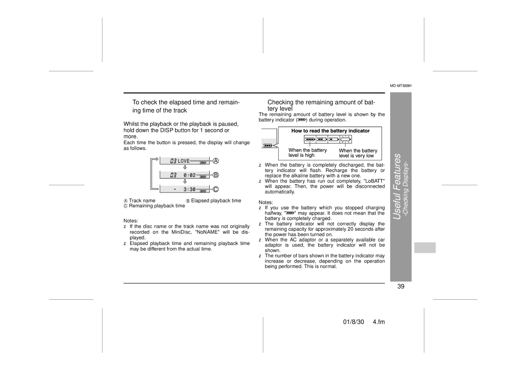 Sharp MD-MT888H operation manual „ Checking the remaining amount of bat Tery level 