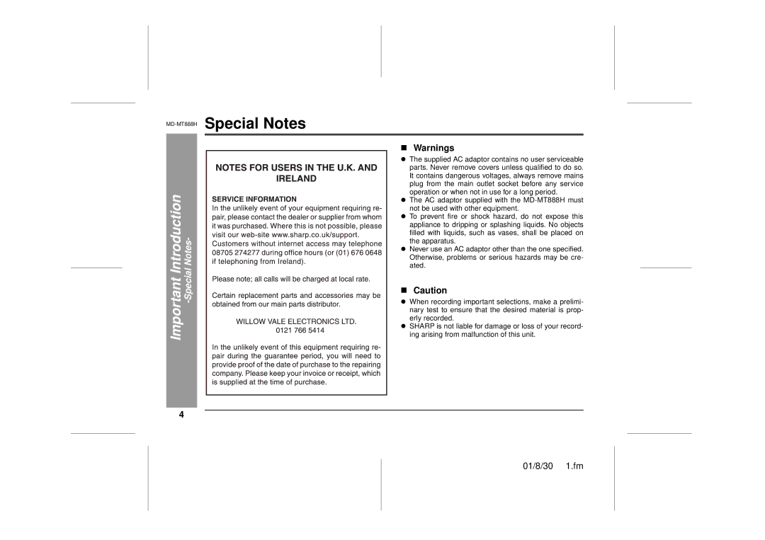 Sharp MD-MT888H operation manual „ Warnings, „ Caution 